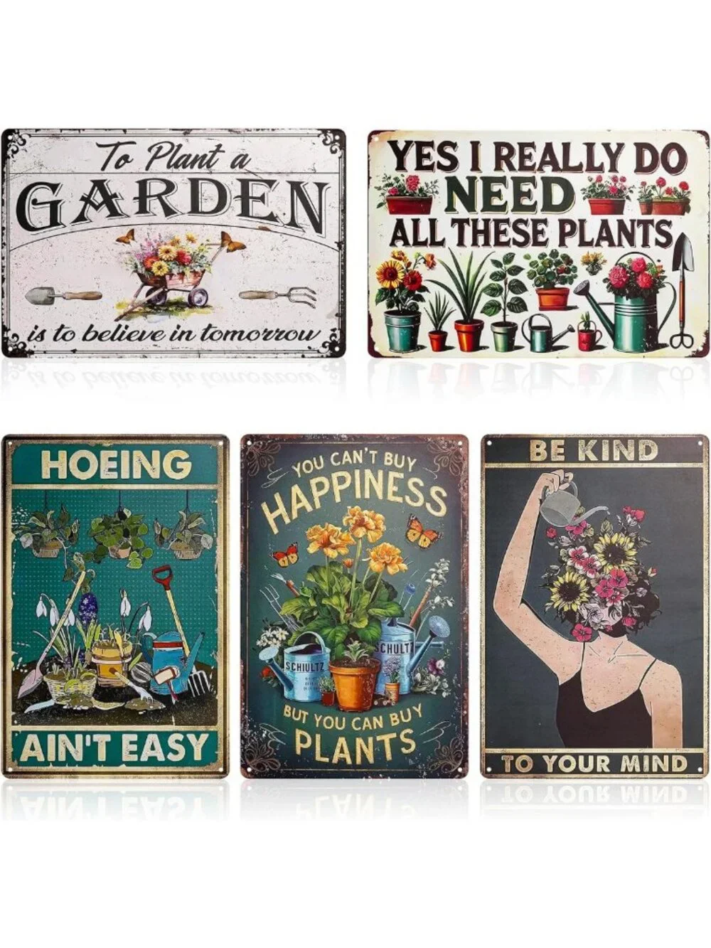 Vintage Garden Tin Signs - 5 PCS Metal Outdoor Decor Wall Art for Gardening